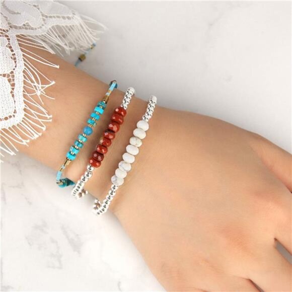 Silver Stretch Bracelet for Women - Crystal Turquoise Beaded Bracelet - Picture 3 of 4